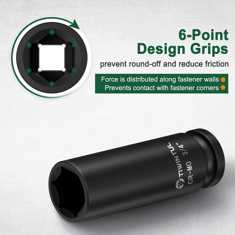 TIWINTUL 3/4" Impact Socket 1/2 Inch Drive, Deep CR-MO Steel Impact Socket, 3.07" Length, 6 Point Design, SAE Size Socket for Automotive and Mechanical Equipment Maintenance - Image 2